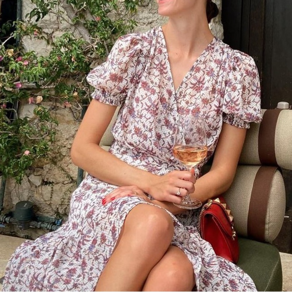 Morgan de Toi Floral Metallic Midi Wrap Dress with Tie and Ruffles; French Brand
